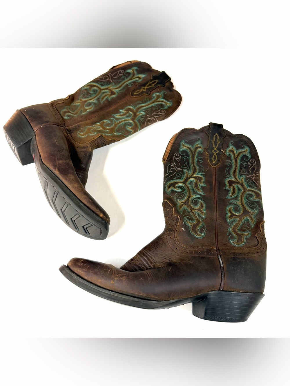 Justin Boots Women Size 8.5 Brown Blue Leather Square Toe Cowboy Boots #4343